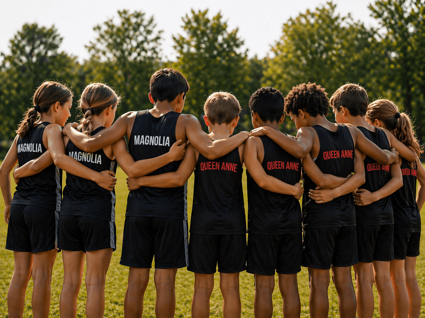 Magnolia and Queen Anne athletes huddled together in team jerseys